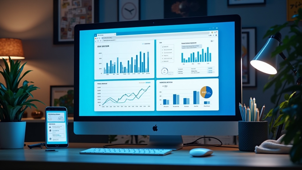 Affiliate program evaluation concept, computer screen showing reports and pie charts, money and digital marketing icons in the background